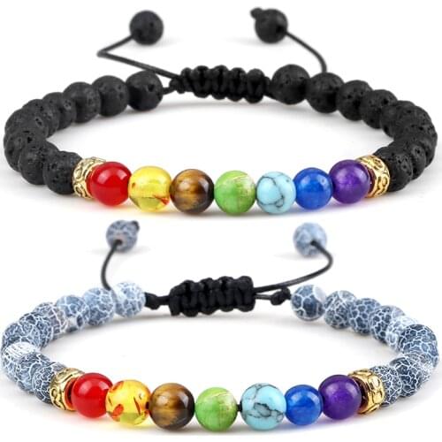 Natural Lava Stone Beads Bracelets 6mm 7 Chakra Charm Healing Balance Handmade Braided Bracelet for Men Women Adjustable Jewelry