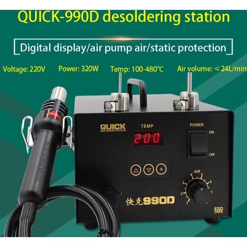 Quick 990D ESD Digital Display Hot Air Station Pcb Repair Soldering Station Knob Adjustment Air Pump Station 320W Microcomputer