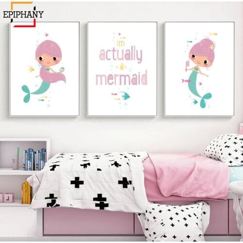 Baby Girl Nursery Decor Mermaid Canvas Printings Pink Wall Painting Nordic Cartoon Posters and Prints Kids Baby Room Decoration