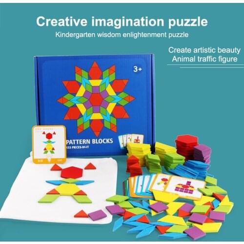 Wooden Pattern Blocks Graphical Classic Educational Montessori Tangram Toys