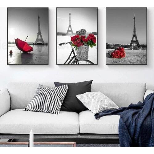 Home Decor Nordic Posters and Prints Canvas Painting Black Landscape Eiffel Tower Teddy Bear Red Rose Umbrella Picture Wall Art