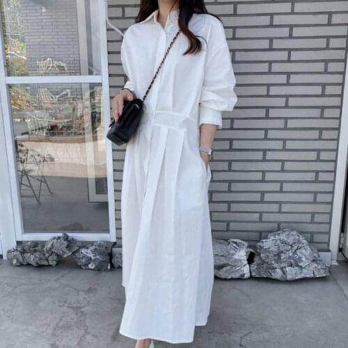 Elegant Loose Women White Shirt Dress Chic Turn-down Collar Female Single-breasted Solid Dress Spring Vestidos Femme