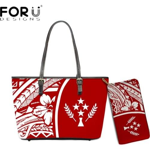 FORUDESIGNS Fashion Pu Leather Shoulder Bag For Women Kosrae Polynesian Tribal Hibiscus Print Ladies Casual Handbags Purse Set