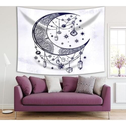 Tapestry Crescent Moon with Sparkling Precious Diamond Stars Chains and Ethnic Floral Patterns Artwork Blue White