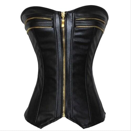 Leather Steampunk Corset PVC Zip Front Lace up Back Top Overbust Body Shaper Waist Lingerie Vintage Gothic Dress