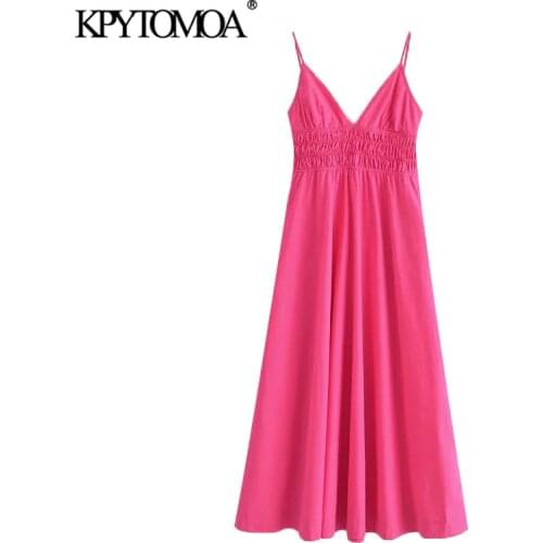 KPYTOMOA Women 2021 Chic Fashion Smocked Detail Poplin Midi Dress Vintage Backless Adjustable Thin Straps Female Dresses Mujer