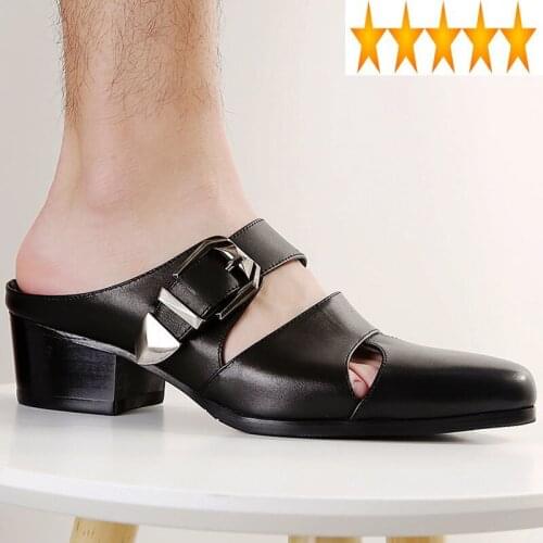 Slippers Novelty Genuine Mens Pointed Toe Business Summer Hollow Leather Shoes Top Brand British Buckle Sandals Black