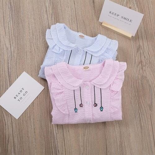 Autumn Baby Girls Cotton Embroidery Striped Tops Blouse Long Sleeve Children Casual Shirts