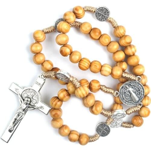 Cross Jesus Pendant Necklace for Men Woman Hand-knotted Exorcism Rosary Wood Bead Necklaces Catholic Jewelry Accessories