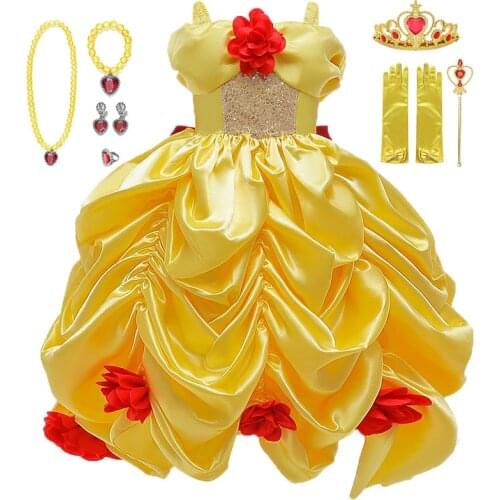 Christmas Belle Dress Beauty Beast Halloween Costume For Girl Off Shoulder Bow Roses Sequins Prom Dresses Kids Halloween Costume