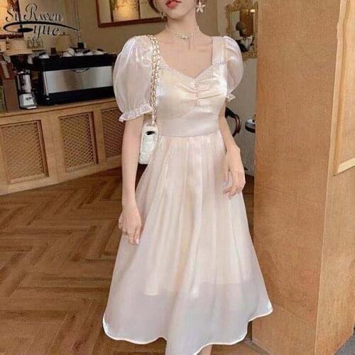 Sweet Puff Sleeve O Neck Party Dress 2021 French Summer Chiffon Dress Women A Line Solid Princess Long Dress Vestidos 14186