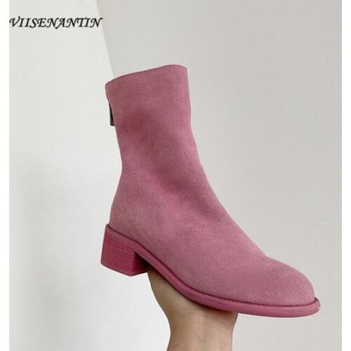 VIISENANTIN New Boots Frosted Leather Ghost Boots Thick Heel Pink Martin Boots After The Zipper Boots Womens Tide Shoe Fashion