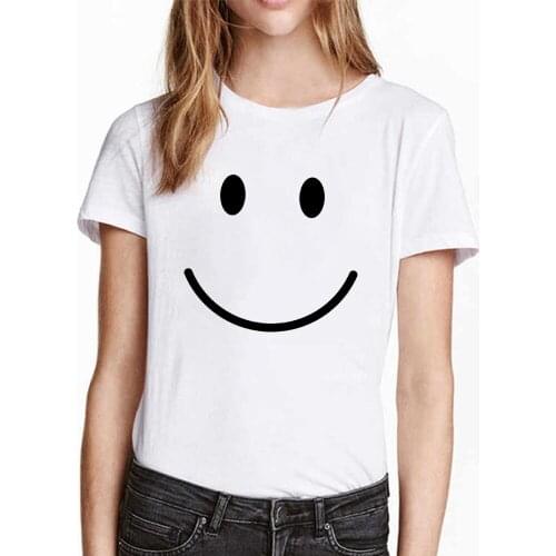 Women Short Sleeve Smile Graphic Print Korean Style Printing Cloth Cute Trend Clothes Ladies Tee White Top Tshirt Female T-shirt