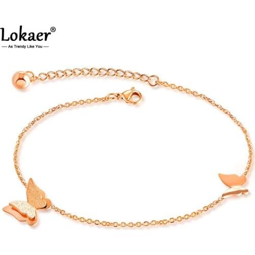 Lokaer Cute Butterfly Anklets Bracelet For Women Rose Gold Color Dull Polish Stainless Steel Retro Girl Ankle Jewelry A19037