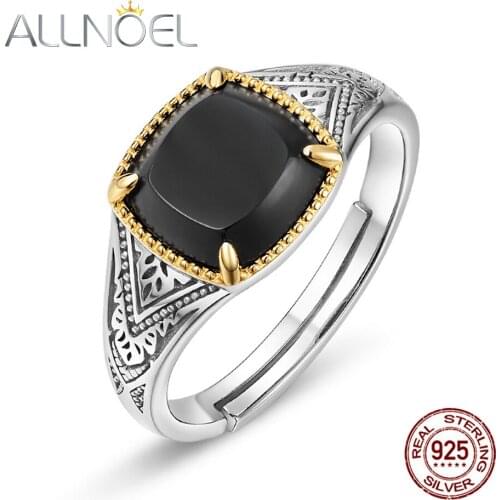 ALLNOEL Solid 925 Sterling Silver Ring For Women 100% Natural Black Agate luxury Female Jewelry Wedding Rings Adjustable New