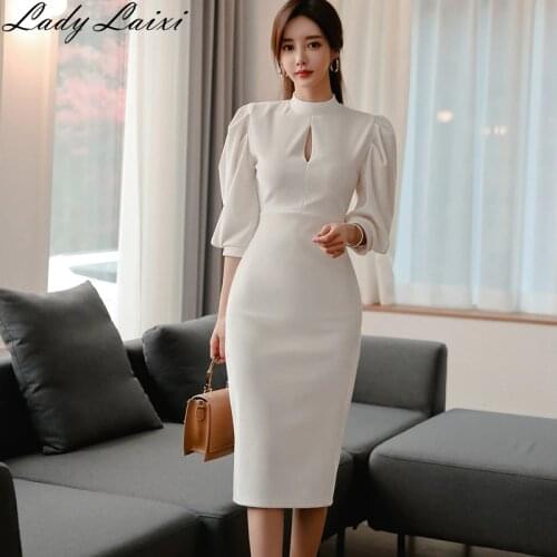 Fashion Stand Collar Puff Sleeve bodycon Dress Female Pencil Dresses 2020 Spring Slim Casual Solid color Midi Dress New
