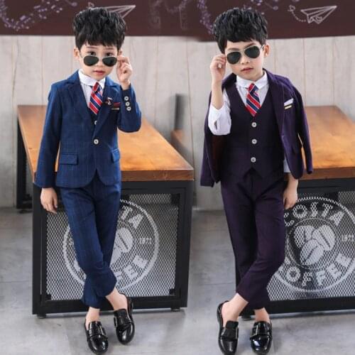 2021 Spring Boys Costumes Wedding Plaid Formal Children Dress Suit Blazer Kids School Uniform Festive Gentleman Tuxedo Clothes