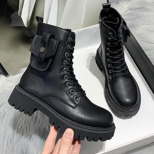 Black Colors Leather Ankle Boots Women Autumn Winter Round Toe Lace Up Shoes Woman Fashion Platform Boots Combat Boots for Women