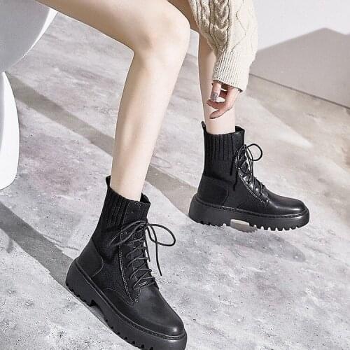 Ankle boots womens punk style platform shoes lace up winter boots ankle boots patent leather round head lace up Martin boots