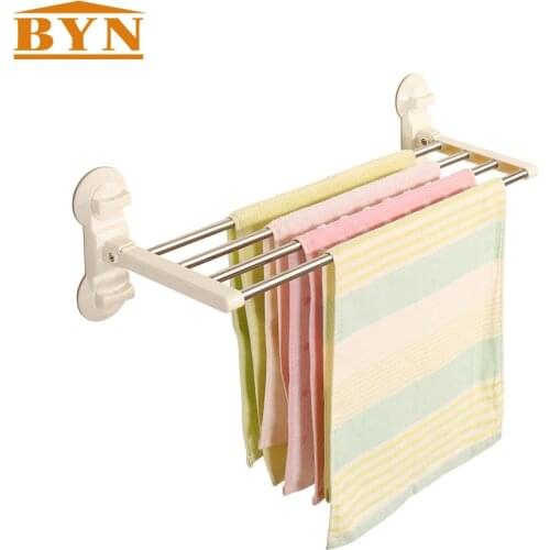 BYN Home Bathroom Organization Wall Mounted Style 4 Bars Suction Cup Towel Rack Holder Shelf DQ1611