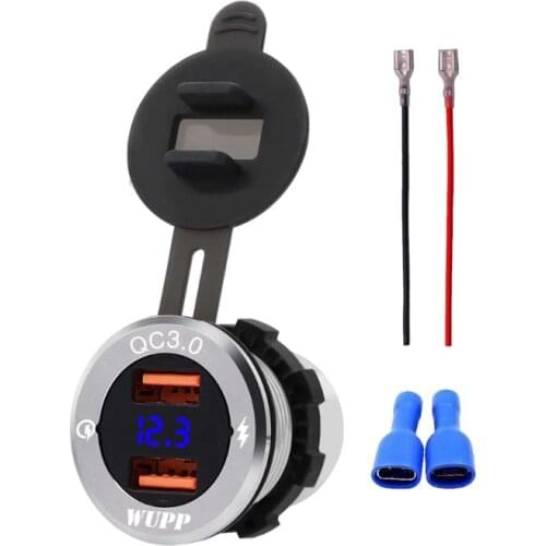 Dual QC 3.0 USB Fast Charger Socket 12V/24V Aluminum Power Adapter With Voltmeter for Car Marine Boat Motorcycle Truck