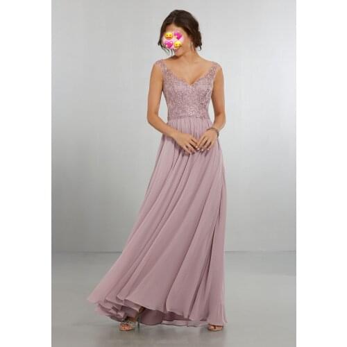 Sheer Lace Beading Bridesmaid Dresses for Women Long Formal Gowns Lilac Chiffon Prom Dress 2020 A Line Long