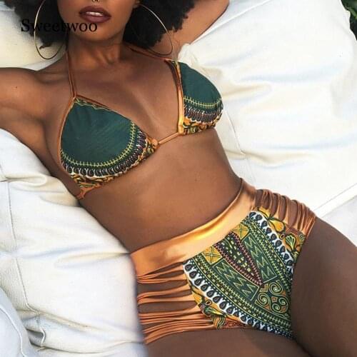 New African Print Two-Pieces Bath Suits Bikini Set Sexy Geometric Swimwear Swimsuit Gold High Waist Swimming Suit