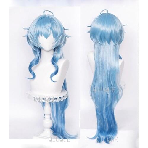 Game Genshin Impact Ganyu Cosplay Wig Gan Yu Blue Wavy Heat Resistant Synthetic Hair Anime Wigs + Wig Cap