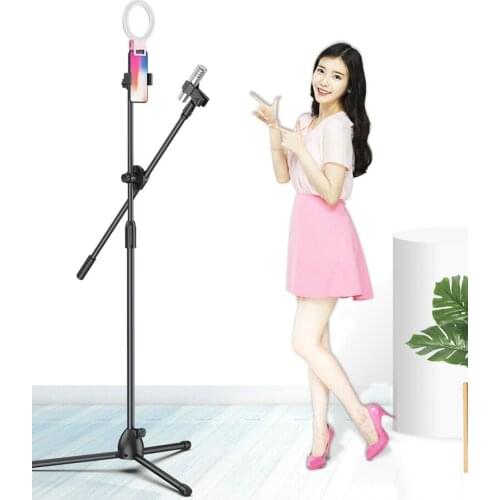 Adjustment Metal Mobile Phone Floor Selfie Stand Lazy Phone Holder Bracket With Ring Lamp Light Microphone Stand for Live