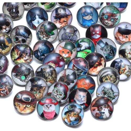 RoyalBeier 50pcs/lot Cute Mr.Cat Theme Glass Charms 18mm Snap Button For 20mm Snaps Bracelet Snap Jewelry KZHM087