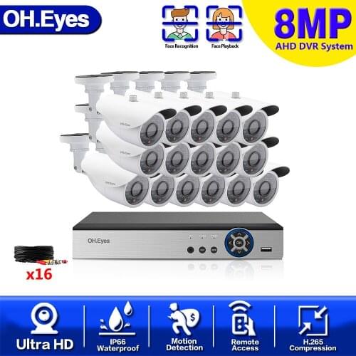4K Ultra HD Video Surveillance System 16CH H.265 DVR 8MP 8/16PCS Security Camera System IR Night Vision Waterproof Dome CCTV Kit