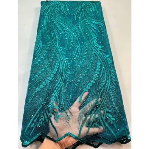 5yards/pc) Latest teal green African net lace embroidered tulle lace fabric wholesales for party dress FXS043