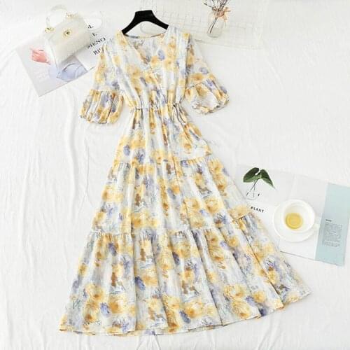 Women Summer Dress 2021 Bohemian Floral Print Sweet V-Neck Puff Sleeve Ruffles Dresses High Waist Long Dress Female Vestidos