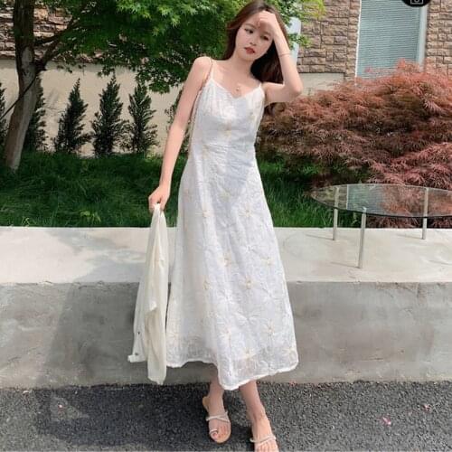 Women Long Embroidery Floral Slip Dress Summer 2021 Runway Elegant Vintage Korean Fairy Backless Beach Vacation Party Vestidos