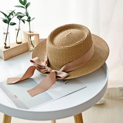 2020 simple Summer Womens Beach Hat Female Casual Panama Hat Lady Brand Lady Flat brim Bowknot Straw cap girls Sun Hat