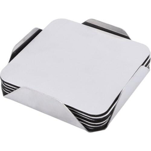 6 Pcs Stainless Steel Coaster Cup Mats Pads Round Square Kitchen Tools Non-slip Pad Table With Holder Metal Insulation