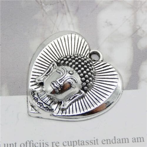 Julie Wang 5PCS Buddha Head Heart Shape Charms Alloy Antique Silver Color Bracelet Jewelry Making Pendant Metal Accessory