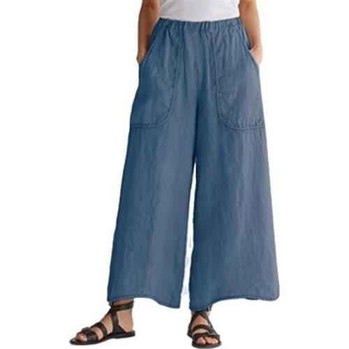 Summer Wide Leg Pants Women Slacks Mid Rise Solid Color Elastic Waist Long Pants Trousers for Office Women Pants