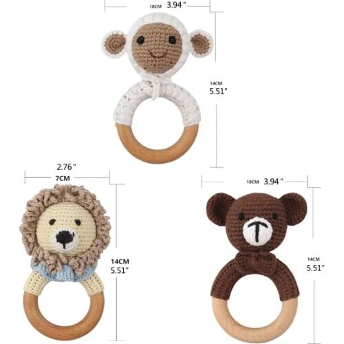 Baby Wooden Teether Ring DIY Crochet Animal Rattle Infant Teething Nursing Soother Molar Toys for Newborn Shower Gifts H3CD