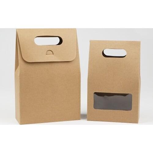 DHL 150Pcs 10.5*15+6cm Bottom Stand Up Kraft Paper Handle Storage Bags With Clear Window For Nuts Food Snack Doypack Pouches