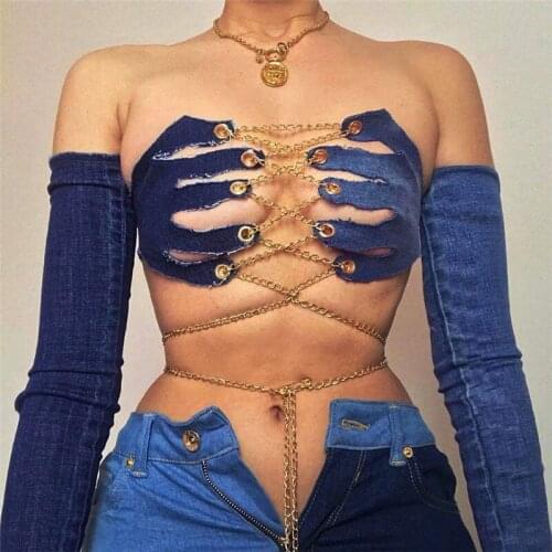 Long sleeve denim blue sexy crop top Women chain hollow out party club cami One size summer female top clothing