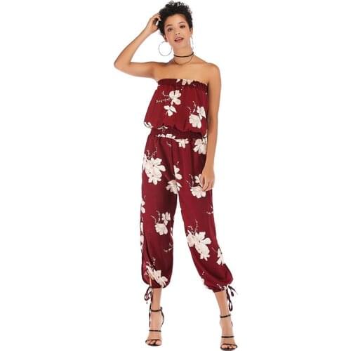 One-neck collar backless nine-pants pants European and American womens summer vacation wind-slim chiffon print jumpsuit