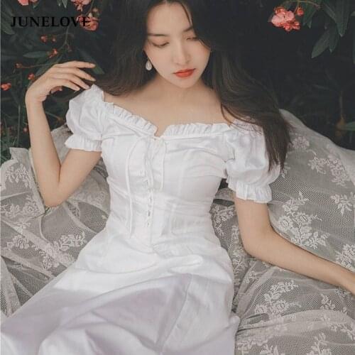 JuneLove French Vintage Midi Dress Women New Summer Elegant Square Collar Puff Sleeve White Fairy Dress Retro Drawstring Dress