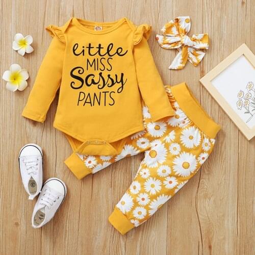 3Pcs Infant Baby Girl’s Clothes Pink Solid Color Long Sleeve Ribbed Sunflower Tops Floral Pants Outfits Set Romper Jumpsuit