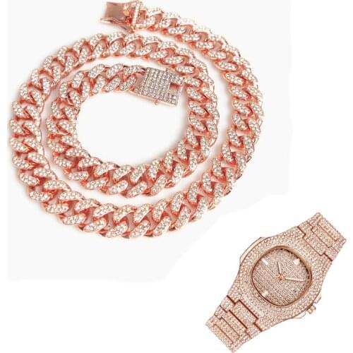 2pcs Kit Hip Hop 12MM Iced Out Paved Rhinestones Full Miami Cuban Chain CZ Rapper Necklace+Watch Bracelet For Men Jewelry