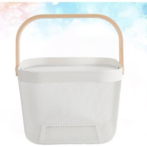 Wood Handle Metal Net Basket Snacks Fruit Vegetable Basket Home Hollow Storage Organizer for Picnic Shopping