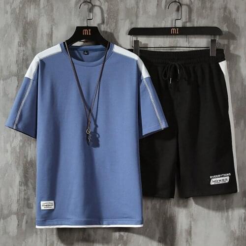 Summer New Men Casual Sets Solid Patchwork Short Sleeve Tshirt+Shorts 2PCS Tracksuit Mens Sportswear O-Neck Sports Suit Clothing