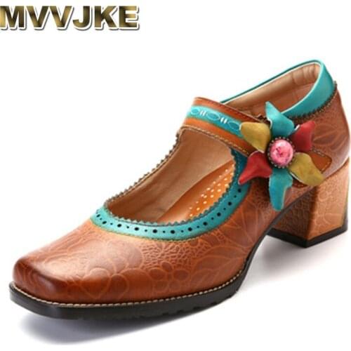 MVVJKE hot retro flower woman pumps Bohemian style buckle strap high heels square toe spring casual single shoes
