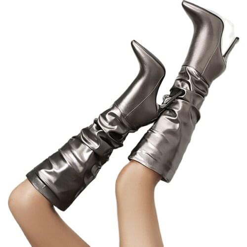 2021 New High Heel Knee High Boots Womens shoes Sexy Fashion Gun color Stliettos toe Pointed Toe Autumn Winter Ladies Shoes