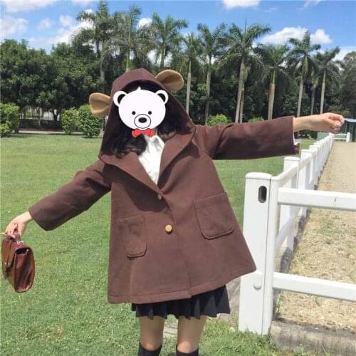 2018 Autumn Womens Long Winter Coat Bear Ear Hat Hooded Outwear Cute Girls Jacket Color Brown & Khaki